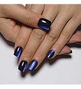 Stbisen Dark Blue Press On Nails Square – Short Cat Eye Fake Nails with Color-Shifting Glow, Reus...