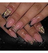 Black French Tips Press on Nails Medium Long Square Fake Nails with Gold Bow Charm Design Gold Rh...