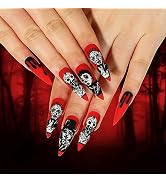 Halloween Press on Nails Long Stiletto French Fake Nails Scary Skull Skeleton Red Full Cover Goth...