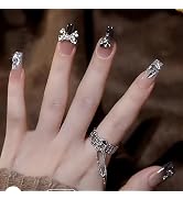 French Gradient Black Press on Nails Coffin Nude Glitter Fake Nails with Silver Love Bow Rhinesto...