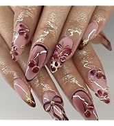 MERVF Press on Nails Almond Medium Brown Fall Fake Nails Leopard Glue ons Acrylic Nail 3D Flower ...