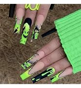 BABALAL Halloween Press on Nails Long Coffin Fake Nail Black Glue ons Green French Tip Ghost Desi...