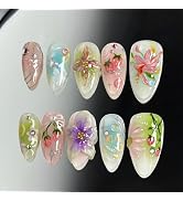30pcs Flower Press on Nails Medium Almond Fake Nails with 3D Flower Strawberry Designs Handmade F...