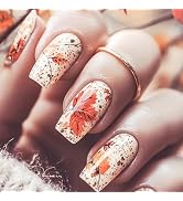 24Pcs Maple Leaf Press on Nails Fall Leaves Stick on Fingernails Thanksgiving Medium Square False...