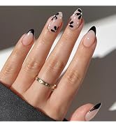 24 Pcs Pink Press on Nails Short Almond - YEFIUO Small Flowers Fake Nails Press ons Black French ...