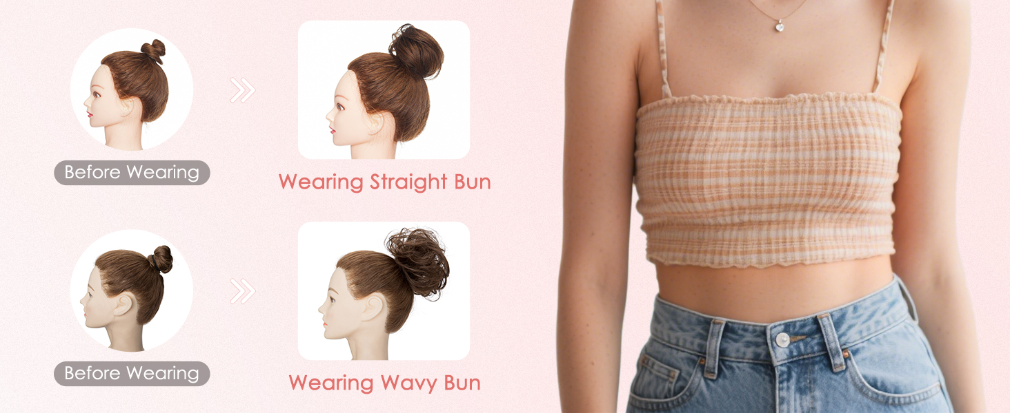 Wearing Effect of straight / wavy hairro 100% real human hair Messy bun hair piece 100% human hair