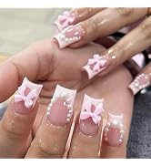 24 Pcs Pink Square Press on Nails Short Medium Fake Nails Cute Pearl Bow Nails Reusable False Nai...