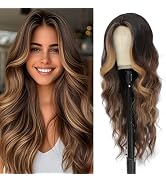 HMHIFI Long Brown Mixed Blonde Wigs for Women Highlights 26inch Wavy Curly Wig Natural Looking Mi...