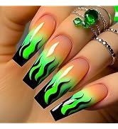 MERVF Press on Nails Long Coffin Fake Nails Black Flame French Tip Glue ons Goth Acrylic Nail Gre...