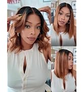 Sunber Ombre Brown Blonde Piano Highlights Blunt Bob Wig Glueless Human Hair with Drawstring Pre ...