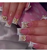 White French Tips Press on Nails Medium Duck False Nails with Gold Heart Bow Design 3D Rhinestone...