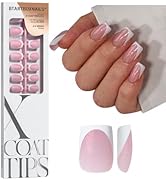 BTArtboxnails XCOATTIPS French Tip Press On Nails - Pink Glitter Base Short Square Press On Nails...