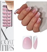 BTArtboxnails XCOATTIPS French Tip Press On Nails - Pink Glitter Base Short Square Press On Nails...