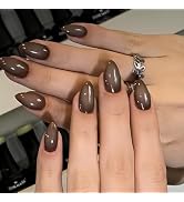 MISUD Press on Nails - Medium Almond Fake Nails with Fall Brown, Acrylic Autumn Ombre Design 24 pcs