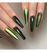 Long Press on Nails Coffin Green Glazed Color Cat Eye Fake Nails Acrylic Glue on Nails with Silve...