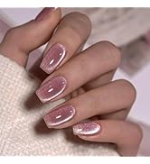 Pink Press on Nails Short Square Fake Nails Glitter False Nails with Design Pink Shiny Stick on N...