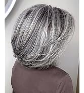 RENERSHOW Short Grey Bob Wig with Curtain Bangs for White Women Chin Length Gray Highlight Wigs S...