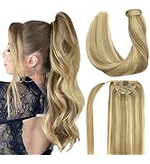 DOORES Hair Extensions Human Hair Ponytail Extensions Balayage Light Blonde Highlighted Golden Bl...