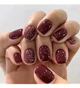 Burgundy Press on Nails Short Square Fake Nails Glossy False Nails with Silver Glitter Designs Fu...