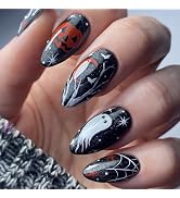 Halloween Press on Nails Medium MABKJLF Almond Black Fake Nails Lovely False Nails with Ghost Pum...