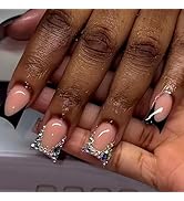 Rhinestone Press on Nails Medium Duck Fake Nails with Black French Tips Design Duckbill Diamond F...