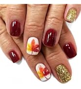 Burgundy Press on Nails Short Square Fake Nails with Maple Leaf Designs Gold Glitter Nails Press ...
