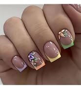 Press on Nails Short Square Fake Nails with Colorful Flower Designs Nude Nails Press ons Glossy G...