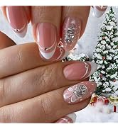 Christmas Press-On Nails Short Almond False Nails Glitter Christmas Tree False Nails White French...