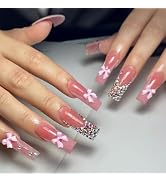 Bow Press on Nails Long Square False Nails with Colorful Rhinestone Design Pink French Tips Fake ...