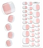 Semi Cured Gel Toenail Strips Glossy French Gel Pedicure Stickers Long Lasting Gel Nail Pedi Stri...