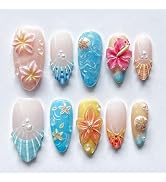 30pcs Flower Press on Nails Medium Almond Fake Nails with 3D Summer Flowers Shell Pearl Designs B...