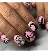 Halloween Press on Nails Short Square MABKJLF Pink & Black Fake Nails False Nails with Designs Ni...