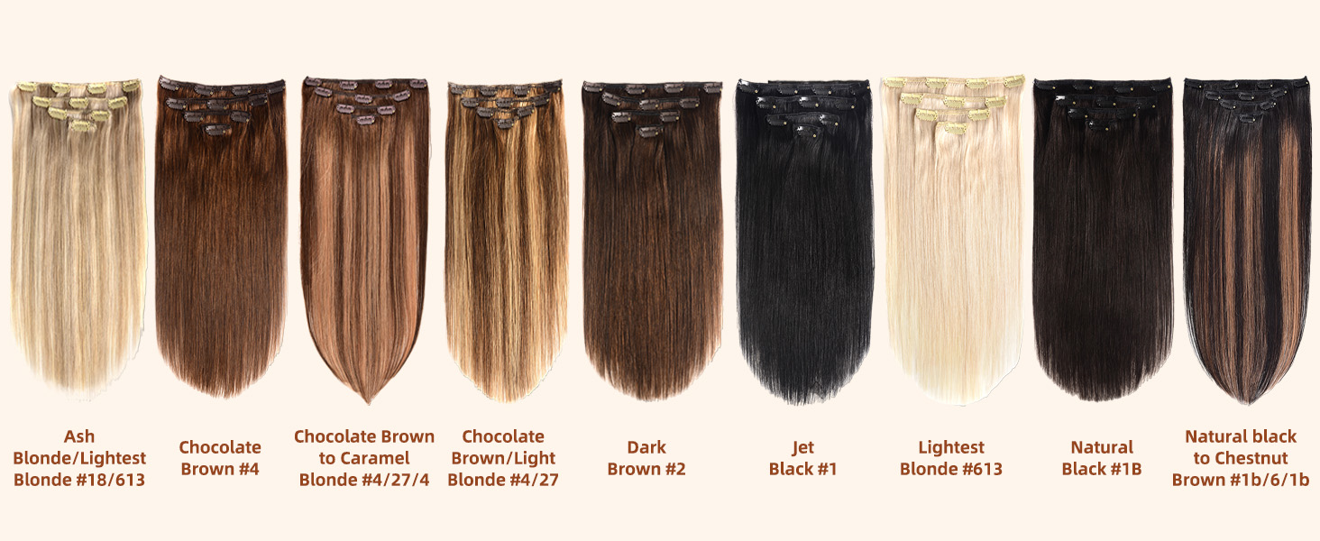 Clip in Hair Extensions Real Human Hair Chocolate Brown mixed Caramel Blonde #4/27/4