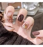 MISUD Press on Nails - Short Square Glue on Nails with Fall Brown, Acrylic Autumn Bling Glitter D...