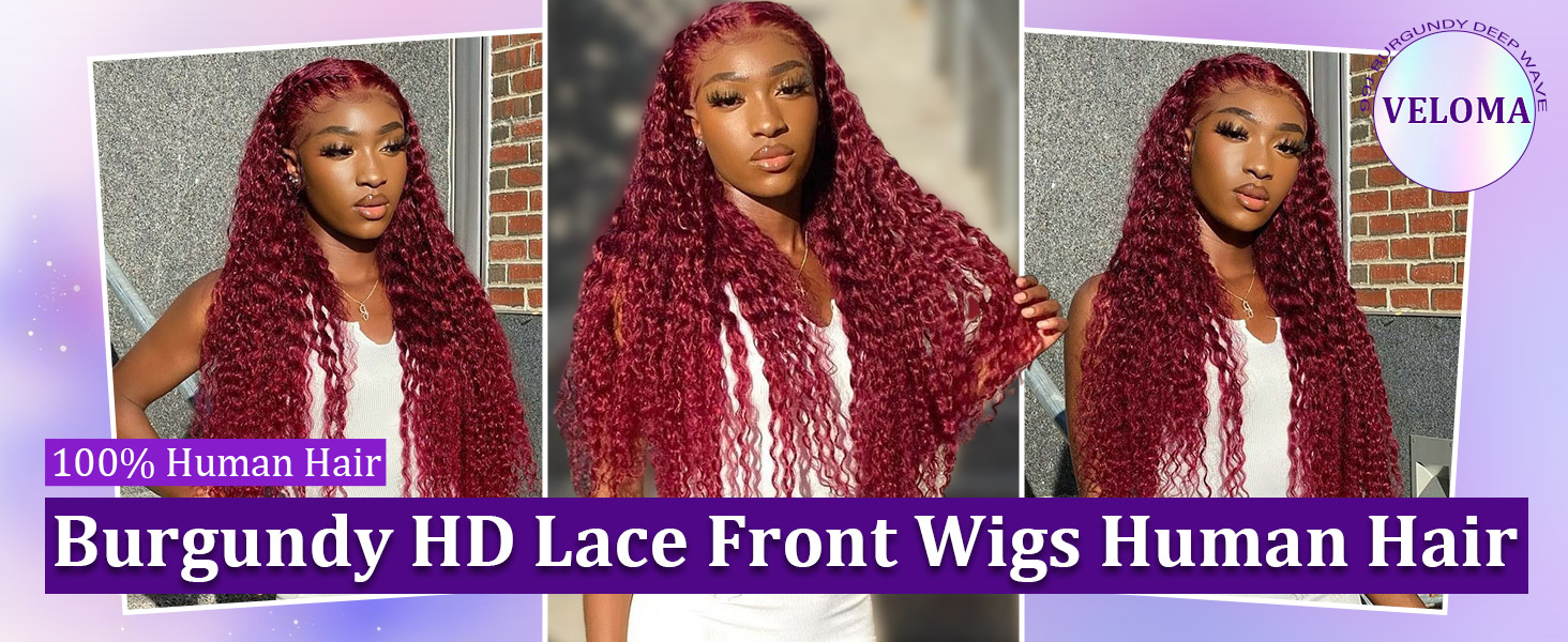 burgundy deep wave lace front wigs human hair hd lace 99j wine red curly wig human hair 180 density