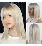 RENERSHOW Platinum Bob Wigs for White Women Layered Ombre Blonde Bob Wig with Bangs Straight Mid-...