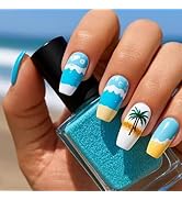 Summer Press on Nails Medium Coffin Fake Nails with Beach Coconut Tree Design Blue White False Na...