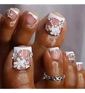 White French Tip Press on Toenails Flower Fake Toenails with 3D Pearl Charms Design False Toenail...