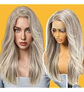 KOME Grey Synthetic Lace Front Wig,13X6 Long Straight Layered Glueless Wigs for Women Daily Use 22IN