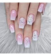 Pink Short Press on Nails Coffin Fake Nails with White Gradient Designs Cute Flower Faux Nails Pr...