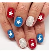 Independence Day Press on Nails Short Square Fake Nails with Star Designs Blue Red False Nails Gl...