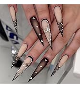 MISUD Press on Nails Long Stiletto Fake Nails Glossy Glue on Nails Goth Black Ombre Acrylic Nails...