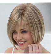 RENERSHOW Short Blonde Pixie Bob Wig with Bangs Mixed Blonde Wigs for White Women Straight Hair S...