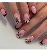 French Press On Nails Short Square, Pink Fake Nails with Leopard French Tips and Cherry Garnish D...