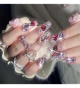 BABALA Press on Nails Long Coffin Fake Nails Pink Glitter Bling Glue on Nails with Bow Heart Char...