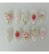24 Pcs White Press on Nails Short Almond Nail Tips,YEFIUO Acrylic Nail Kit Fake Nails Press ons G...