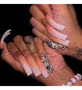Curved Press on Nails Long False Nails with Colorful Rhinestones Design Ombre Pink White Stick on...