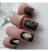 MISUD Press on Nails - Short Square Fake Nails with Matte Black Gold, Acrylic Snowflake Design 24...