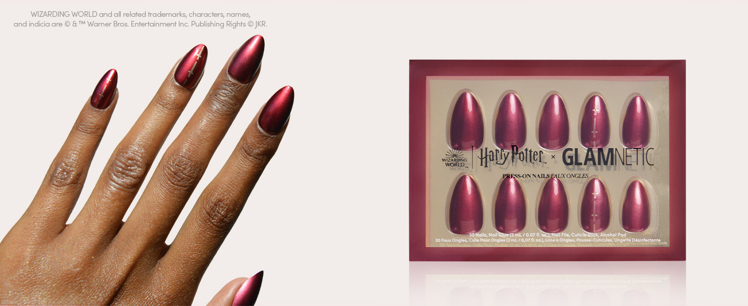 Harry Potter Scarlet Red Lightning Graphic Short Almond False Nails, Reusable Stick On Fake Nails