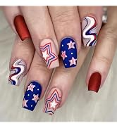 Independence Day Press on Nails Medium Fake Nails with Stars Designs Red Acrylic Nails Glossy Nai...